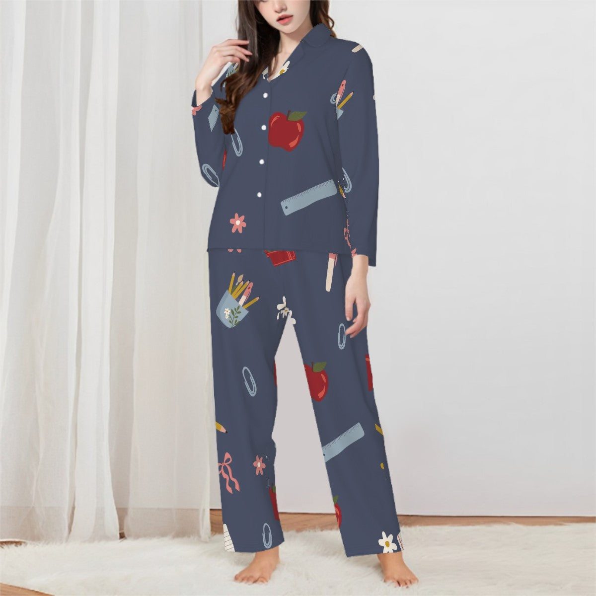 Chalkboard and Daisies | Collared Long Sleeve & Pants Pajama Set